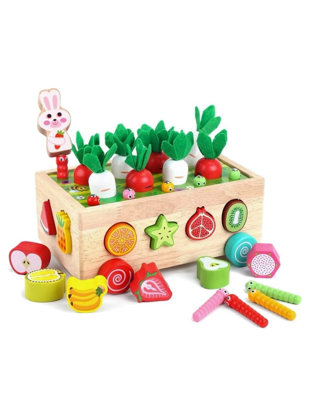 Wooden educational shapes and fruit peg toy